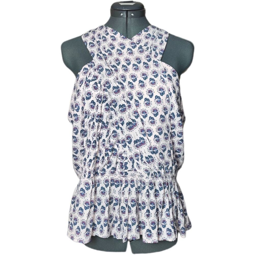 LOFT sleeveless crossover halter top peplum blouse woman's size 12 pink blue